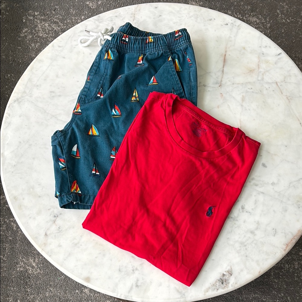 Red Polo Tee and Sailboat Shorts Set